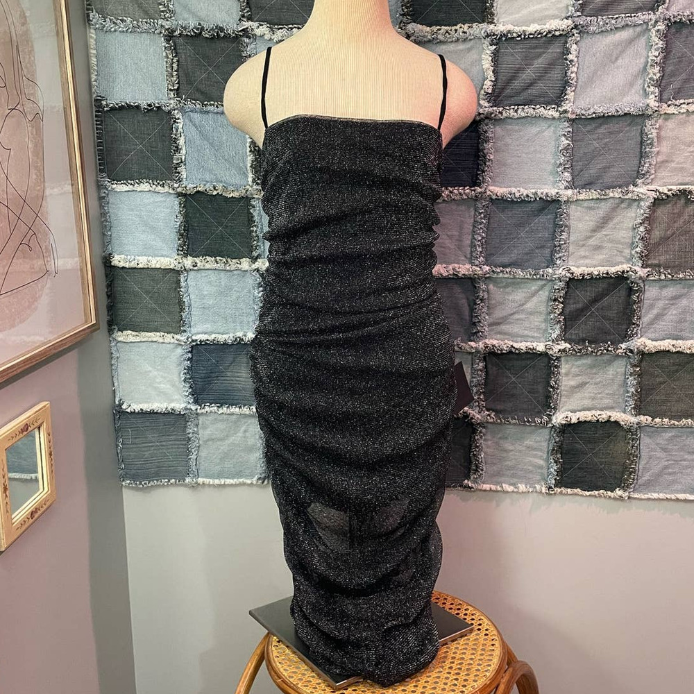 NWT Lulus Here to Dazzle Black Metallic Ruched Mesh Bodycon Midi Dress